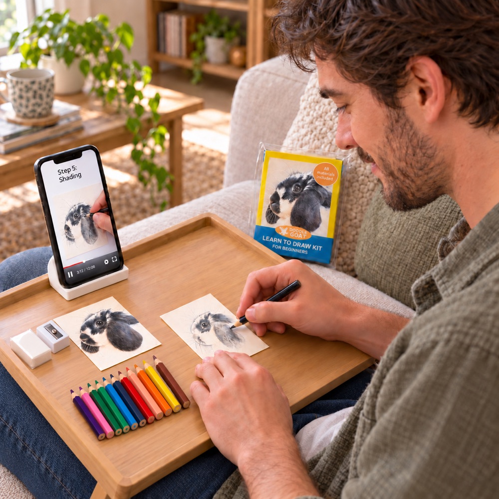 A man on a sofa drawing a rabbit on a small art card, following a step-by-step video on his phone, with colored pencils and the kit beside him