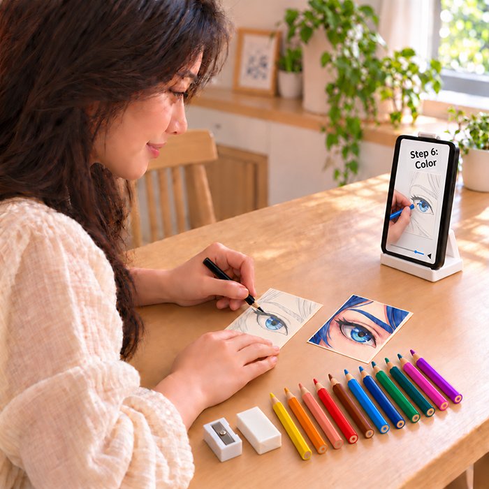 A woman coloring an anime eye drawing at a table while following the step 6 video lesson on her phone
