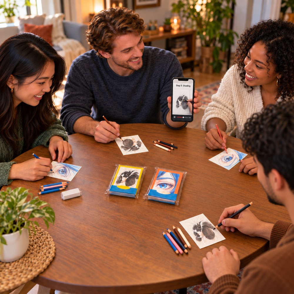 Four friends around a table, each drawing on a small art card with colored pencils while one holds up a phone showing the video lesson