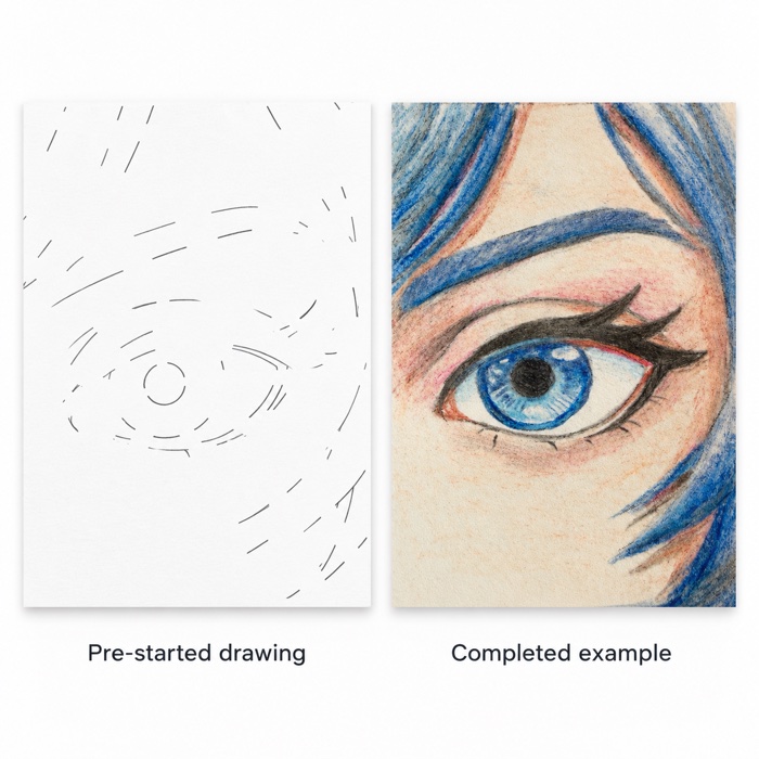 The pre-started drawing that comes in the kit, a card of light guide lines, beside a completed example of the anime eye