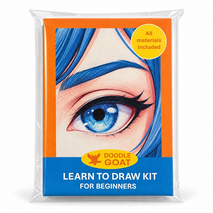 Doodle Goat learn-to-draw kit for beginners in its clear wrapper, with a colored-pencil drawing of a blue anime eye on the front