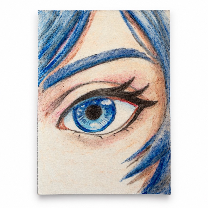 Completed example of the Azul drawing: a blue anime eye framed by blue hair, in colored pencil on a trading-card-sized art card