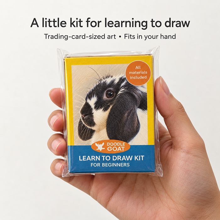 A hand holding the Charlie rabbit drawing kit, which is about the size of a trading card