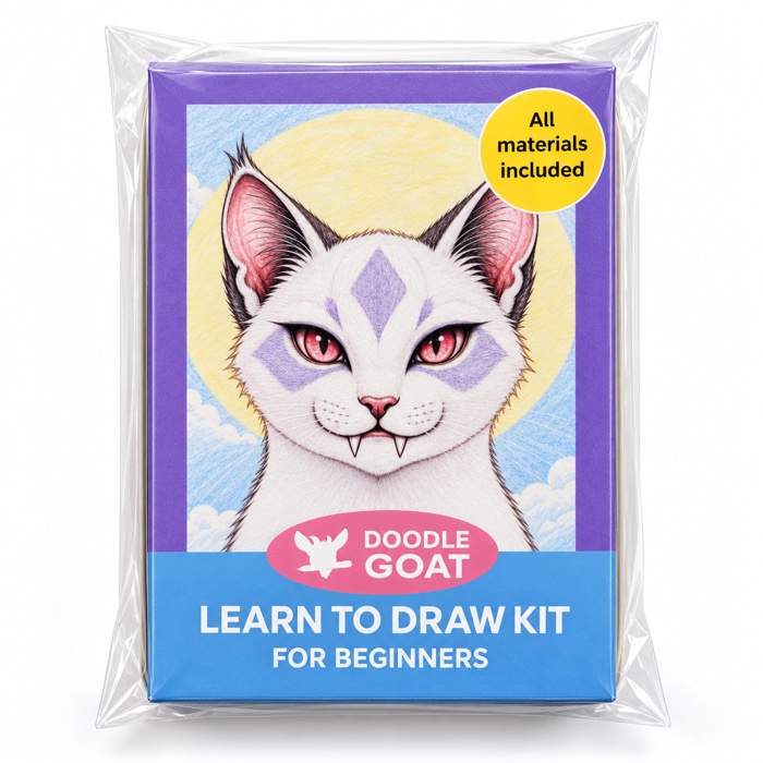 Doodle Goat learn-to-draw kit for beginners in its clear wrapper, with a drawing of a white vampire cat with pink eyes and purple markings on the front