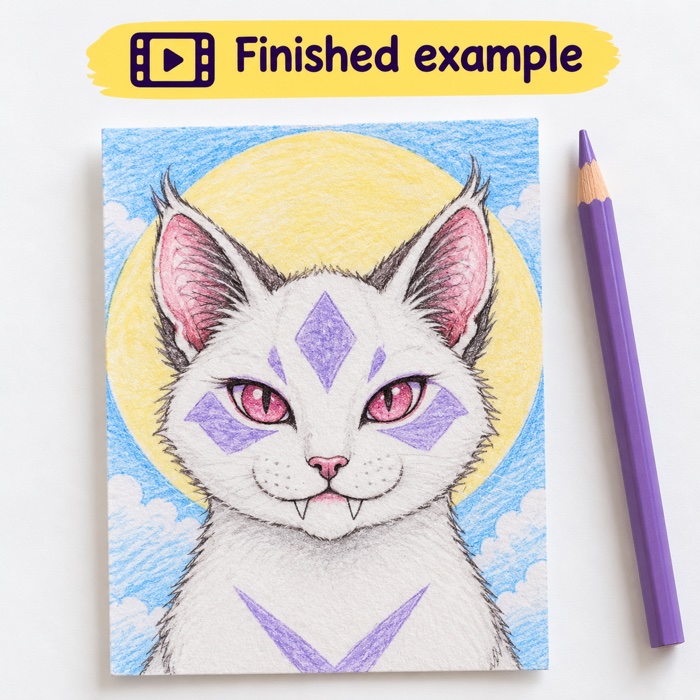 Completed example of the Pandora drawing: a white vampire cat with pink eyes, purple markings and small fangs in front of a yellow moon, in colored pencil on a trading-card-sized art card