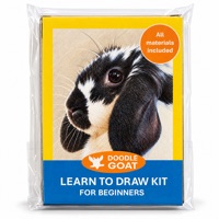 Doodle Goat learn-to-draw kit for beginners in its clear wrapper, with a drawing of a black and white lop-eared rabbit on the front