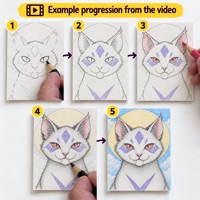 An example progression from the video in five numbered cards, from the pre-started guide lines to a completed example of the vampire cat